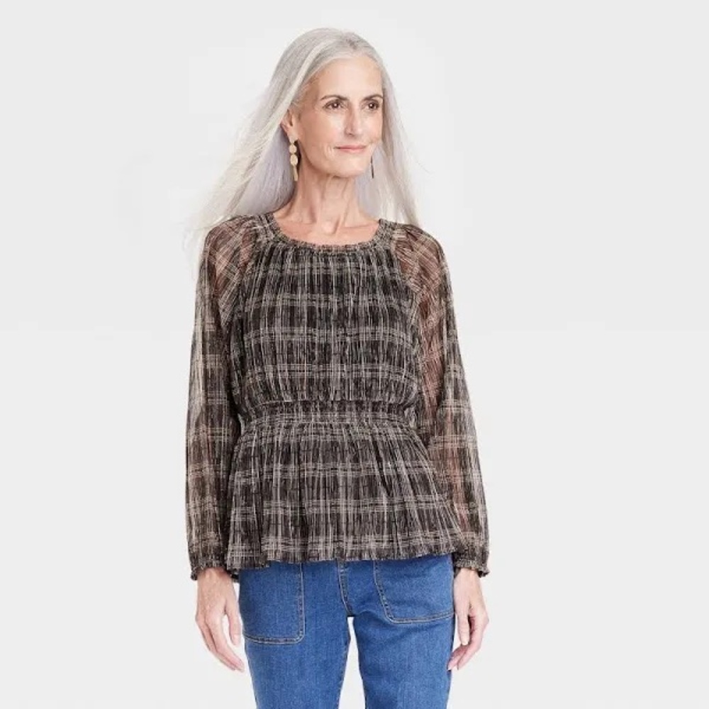Knox Rose Plaid Long-Sleeve Smocked Peplum Blouse in Brown and Black